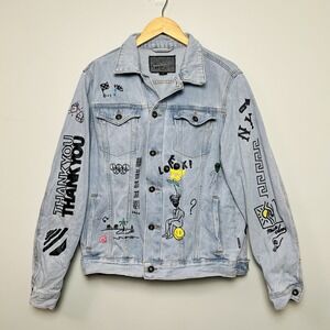 Brooklyn Cloth Denim Jacket Men's M Trucker Jean Jacket Graffiti‎ Pop Art Grunge
